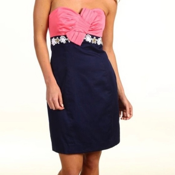 Lilly Pulitzer Strapless Colorblock Dress Pink & Navy Seashell Trim Size 6 - Picture 2 of 6